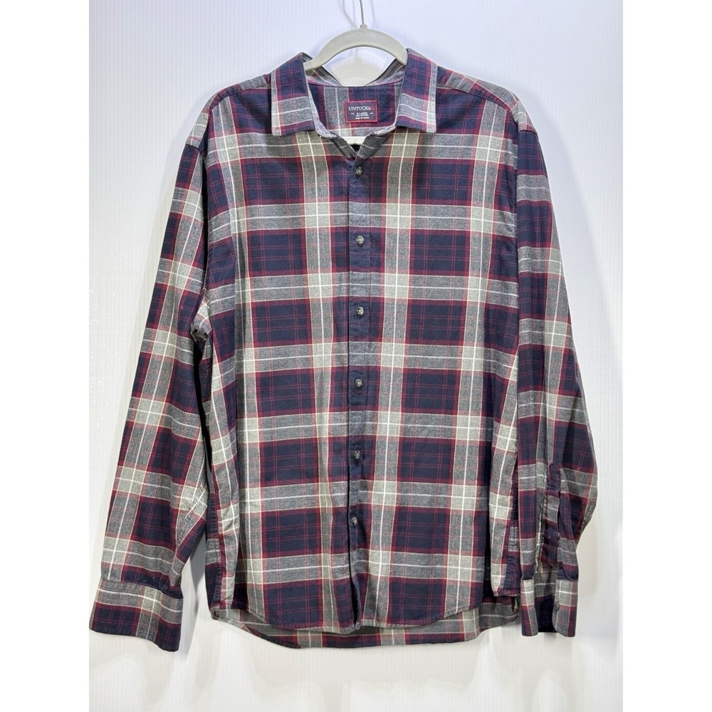 UNTUCKit Mens XL Red Gray Plaid Flannel Button Shirt Slim Fit Cotton Long Sleeve